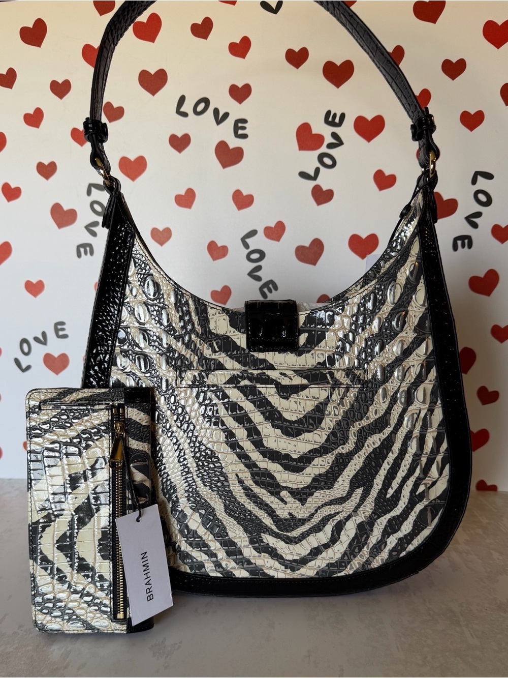 Zebra-Print Croc-Embossed Shoulder Bag with Matching Wallet - Black & Cream - Picture 12 of 12